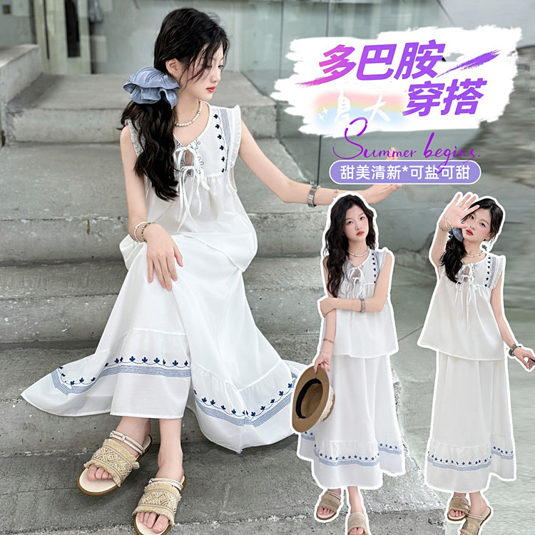 女童夏季无袖连衣裙2025新款女大童夏装半身裙套装洋气度假风长裙