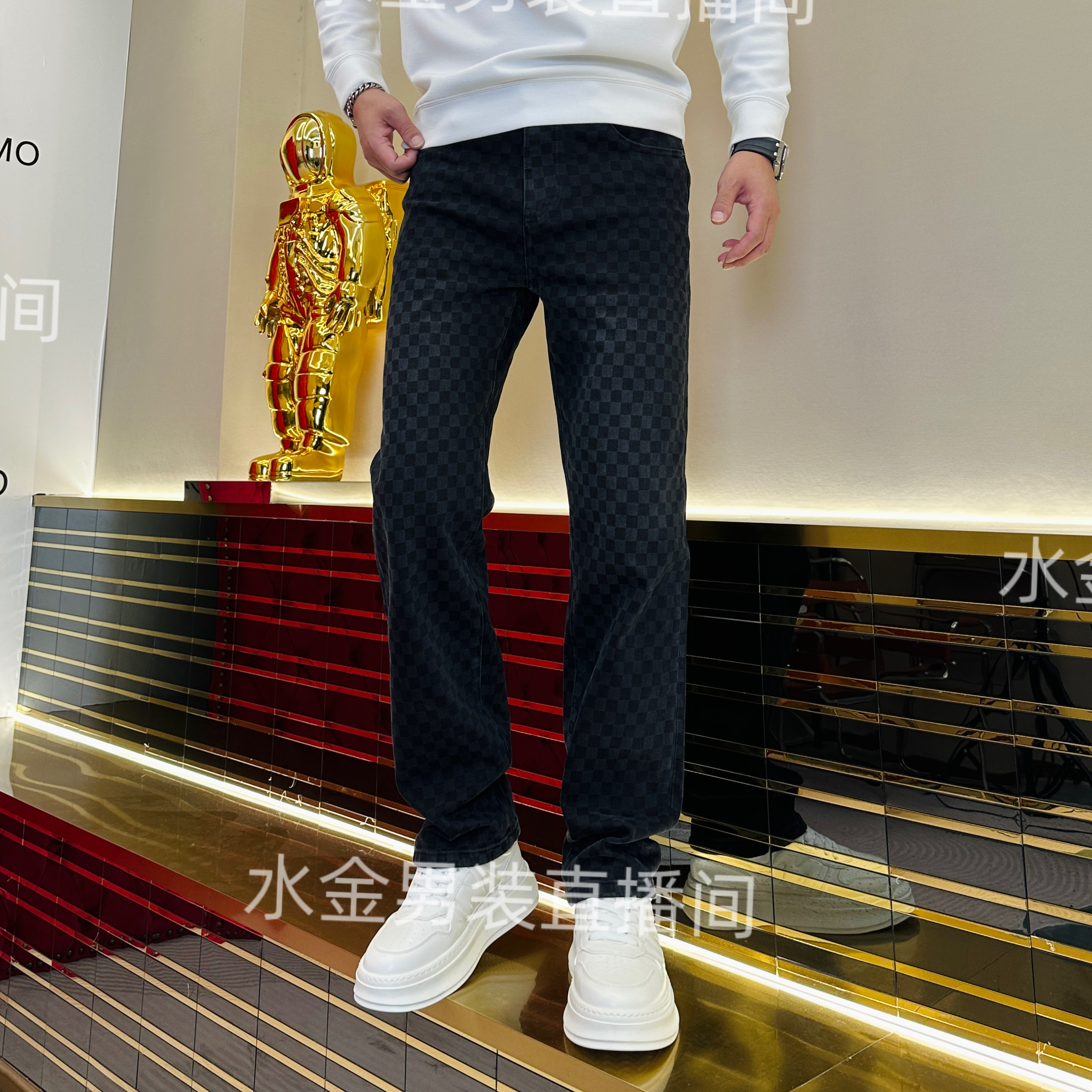 2025男装男士秋季潮流时尚百搭舒适弹力修身格子直筒牛仔裤 8101