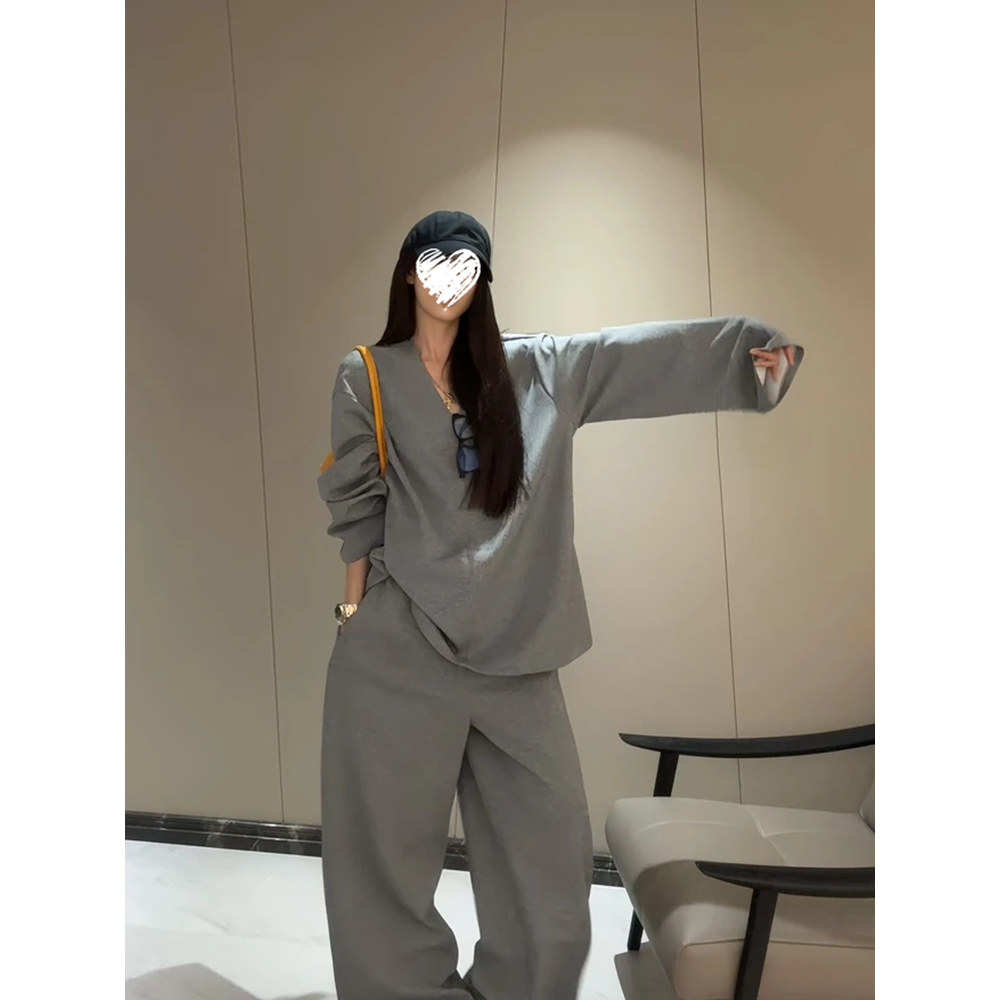 空气感V领卫衣+阔腿休闲裤两件套宽松慵懒显瘦套装女 81202