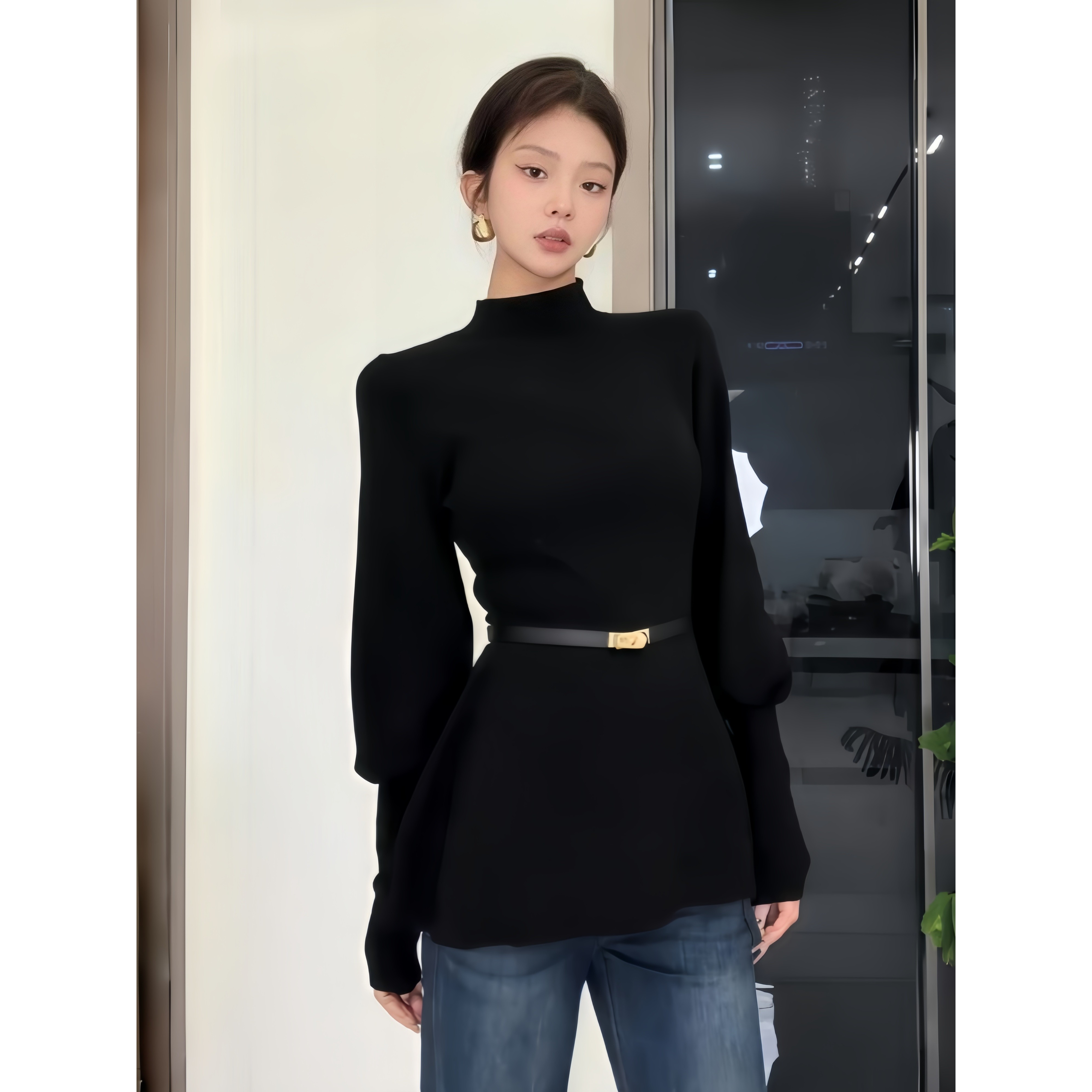 法式气质半高领长袖收腰针织衫2025秋冬新款时尚百搭高级感上衣女