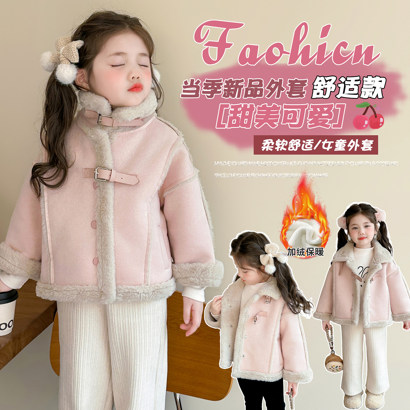 女童加绒外套秋冬季2025新款洋气儿童冬装女宝宝加厚皮毛一体上衣