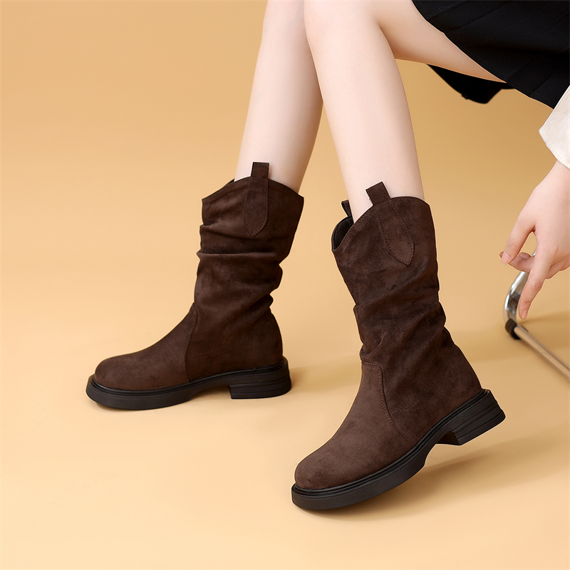 美德拉堆堆靴女2025秋冬新款时尚百搭厚中筒靴配裙显瘦马丁短靴