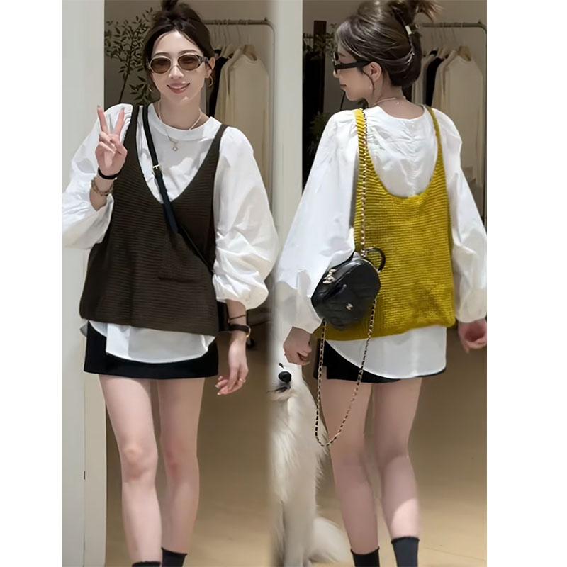 韩系泡泡袖极简风衬衫+针织马甲套装女2025新款叠穿上衣两件套潮