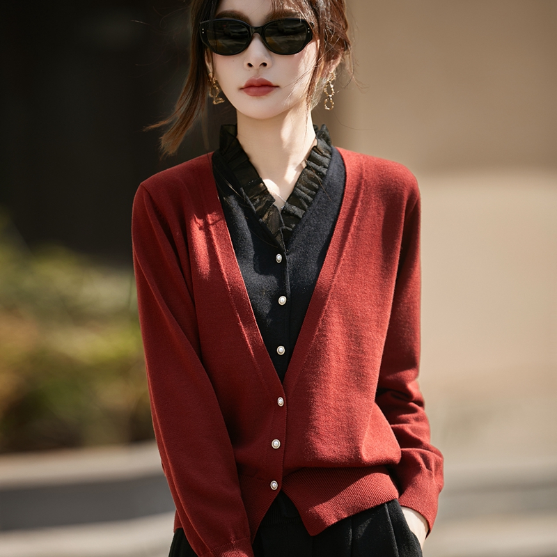 秋款上新立领蕾丝假两件长袖针织衫拼色减龄开衫时尚减龄毛衣553