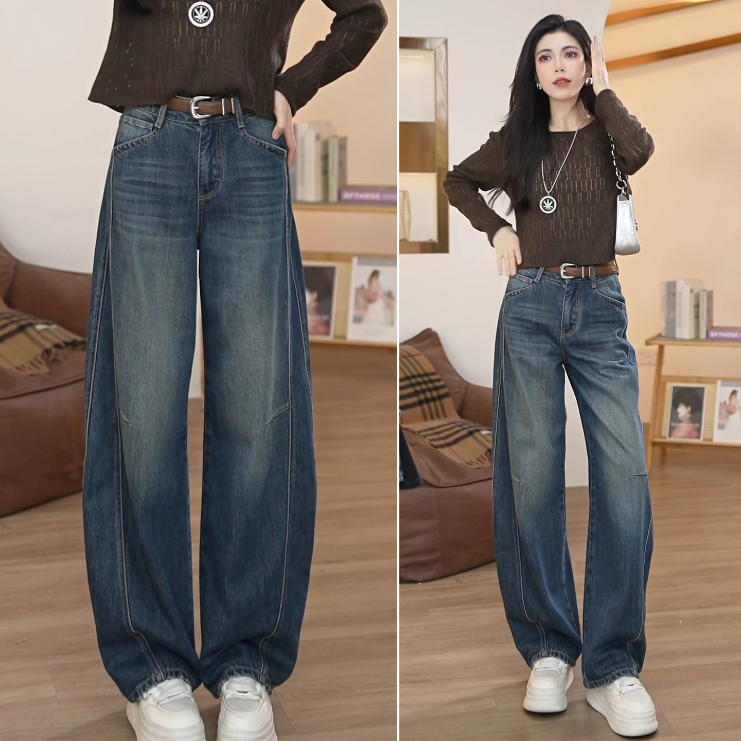 拉夏贝尔复古蓝加绒弯刀裤女秋冬2025新款高腰显瘦配腰带牛仔裤子
