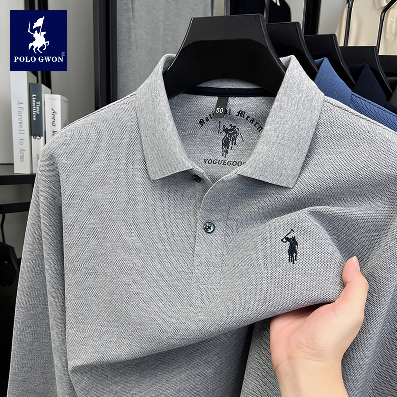 POLOGWON/保罗100%纯棉男士长袖polo衫春秋季商务休闲上衣翻领t恤