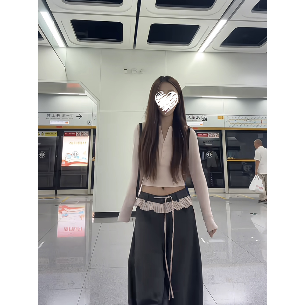 修身短款长袖T恤女60528+条纹花边休闲裤女宽松阔腿裤套装 60655