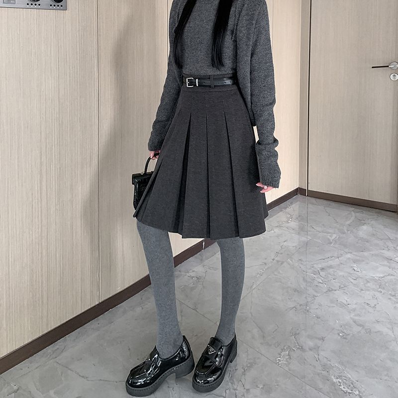 韩系学院风毛呢百褶裙女2025秋季高级感高腰百搭显瘦格雷系半身裙