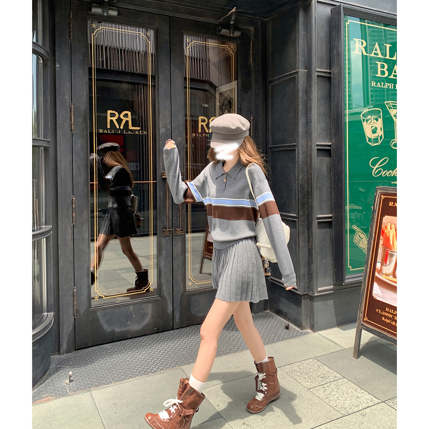 秋装氛围感穿搭灰色条纹polo领针织衫女长袖上衣裙子套装时尚毛衣