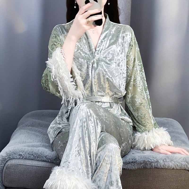tpvl2025新款浴袍式睡衣女秋冬家居服套装羽毛边系带可外穿高级感