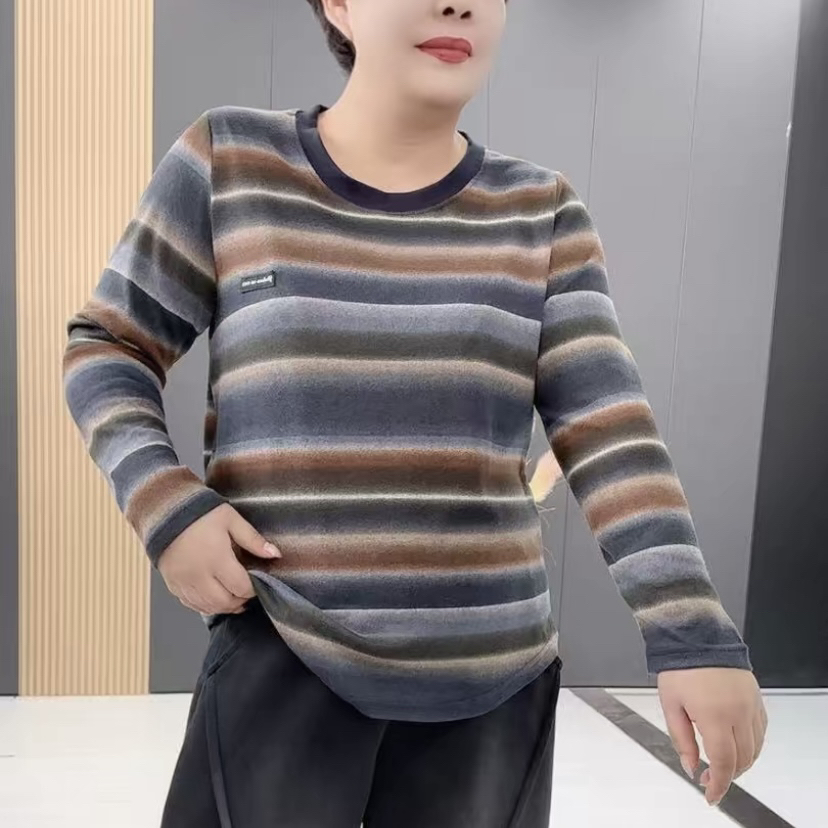 YF9992条纹长袖修身渐变圆领长袖T恤时尚女士休闲秋冬