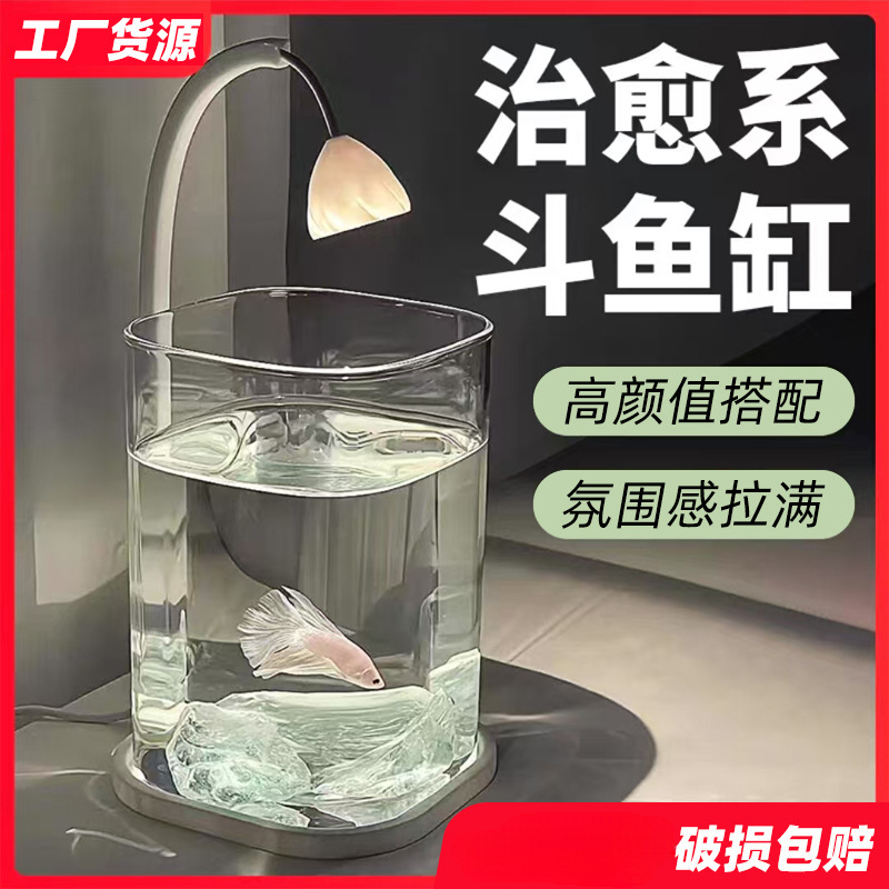 斗鱼适用缸小型网红创意造景玻璃缸桌面观赏小夜灯装饰生态养鱼缸
