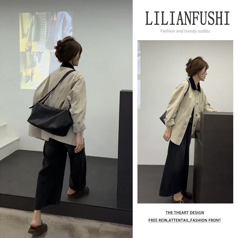 今年流行穿搭一整套2025新款翻领长袖外套高腰阔腿牛仔裤两件套女