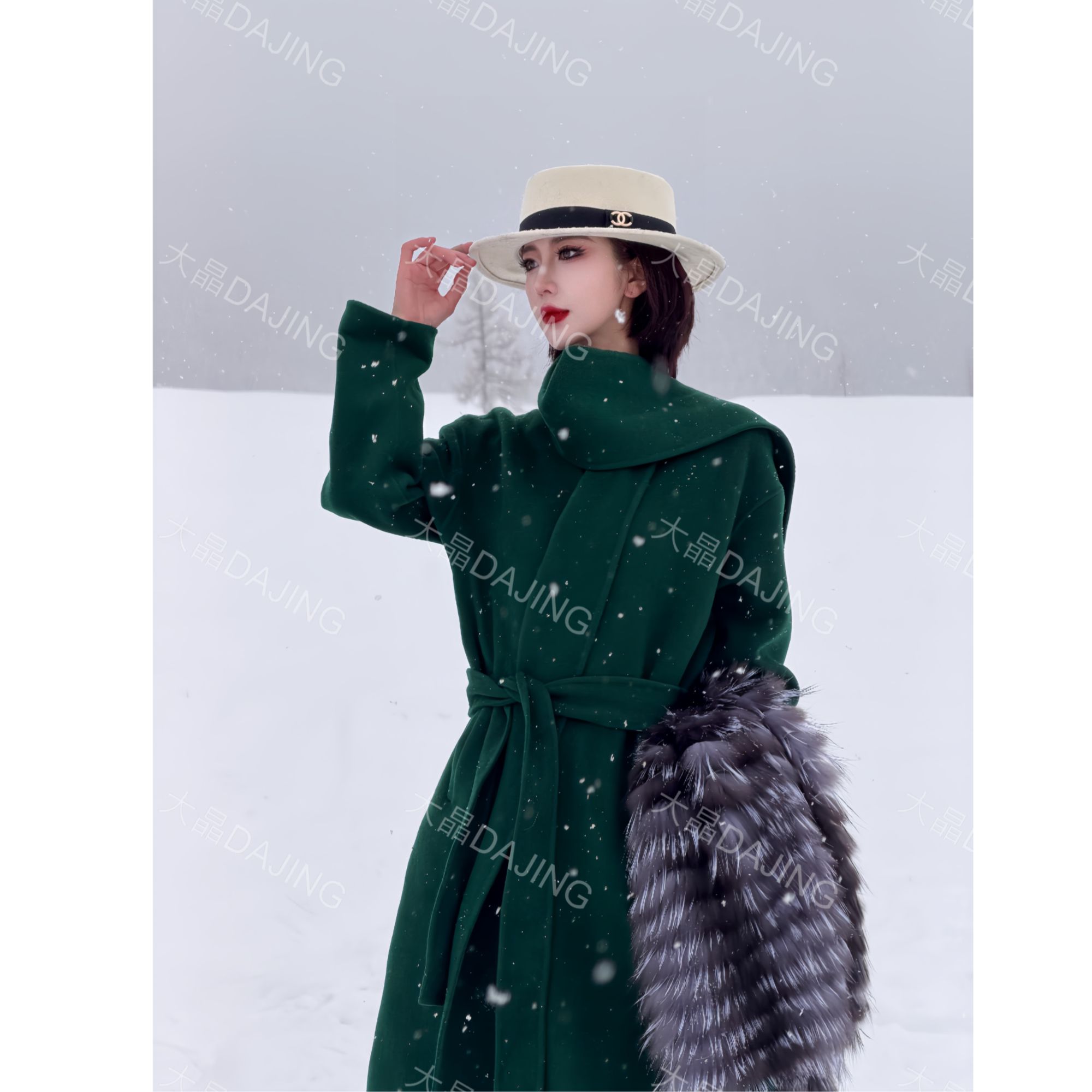 【大晶定制】冬季新款[高支羊毛]气质百搭墨绿毛呢中长款大衣DJ380
