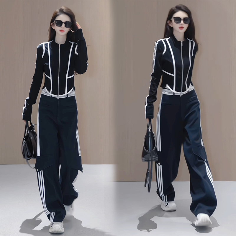 休闲运动套装女2025早秋撞色长袖短外套高腰直筒阔腿裤显瘦两件套