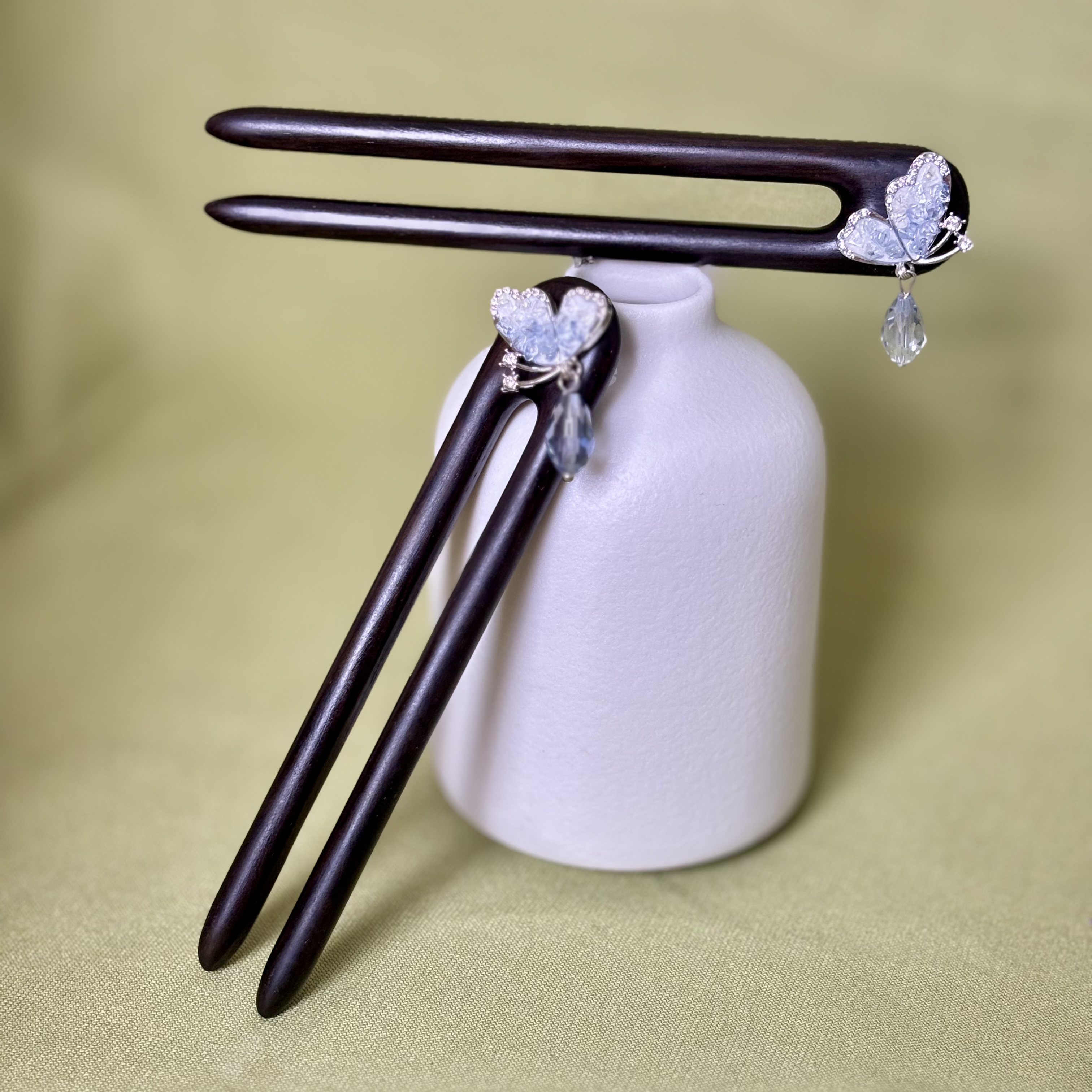13~15厘米黑檀木U型发钗盘发簪子闪晶蝴蝶精致日常百搭钗子