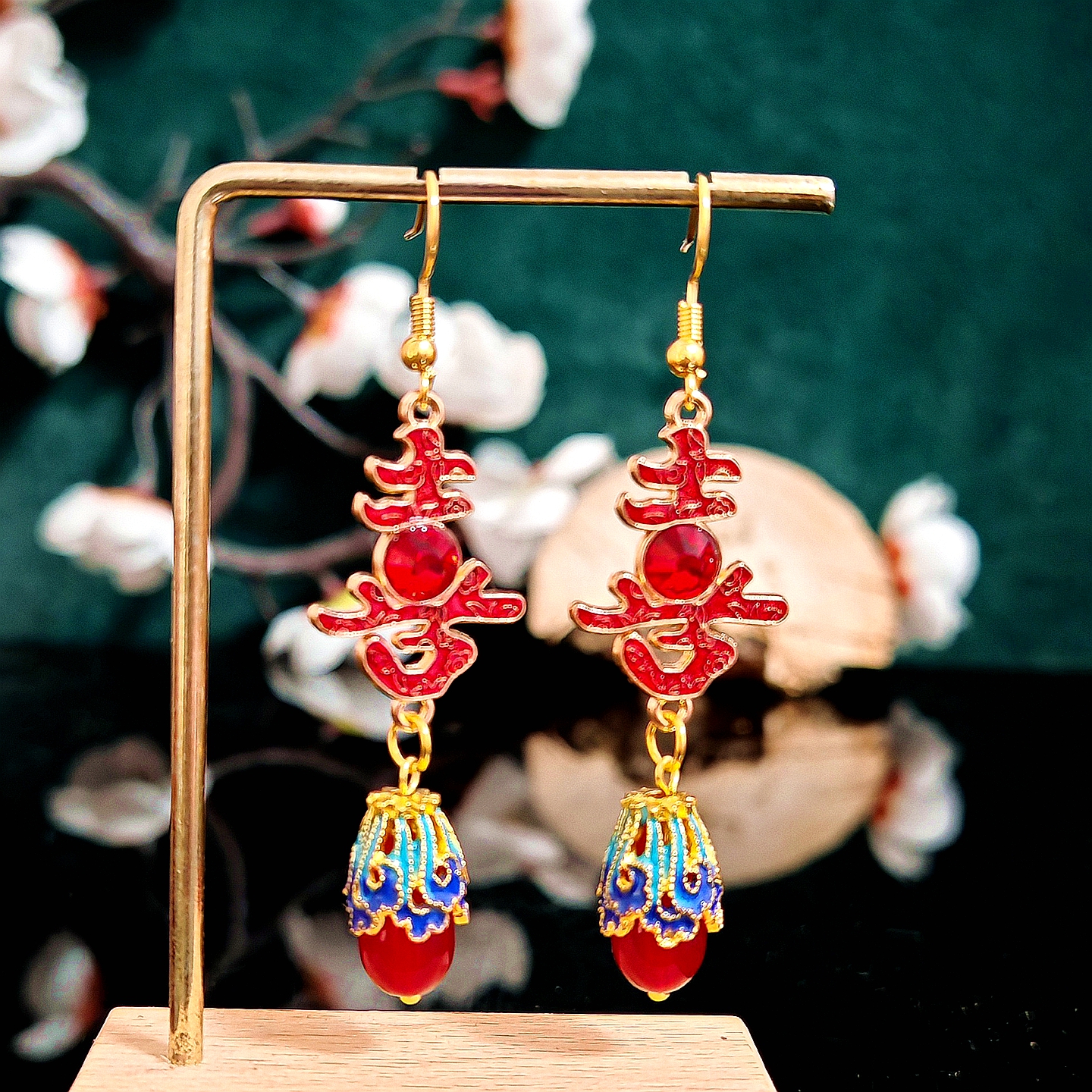 多吉米喜韵红凝复古新中式耳环耳夹红色配汉服旗袍