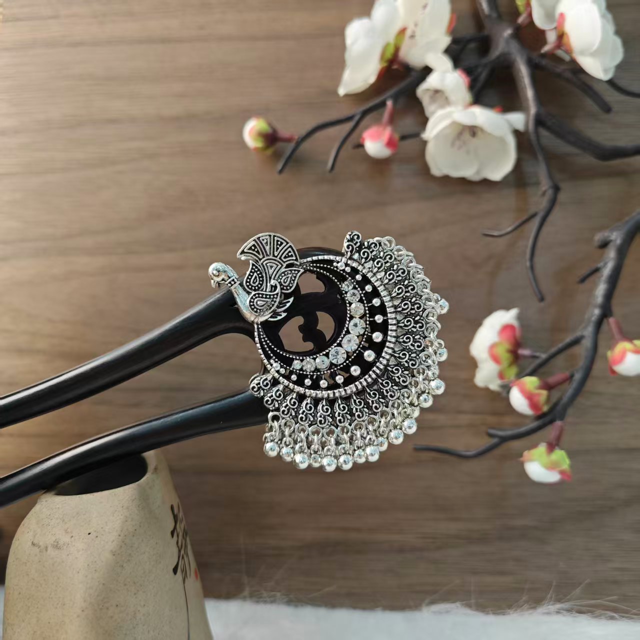 K70银色孔雀15公分双钗发簪手工头饰发饰中式国风发簪