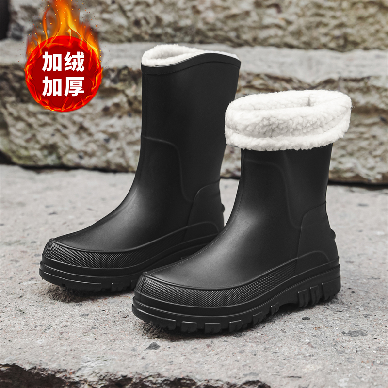 雨鞋男冬季一体绒保暖防水防滑水鞋加棉加绒厨房耐磨钓鱼赶海雨靴