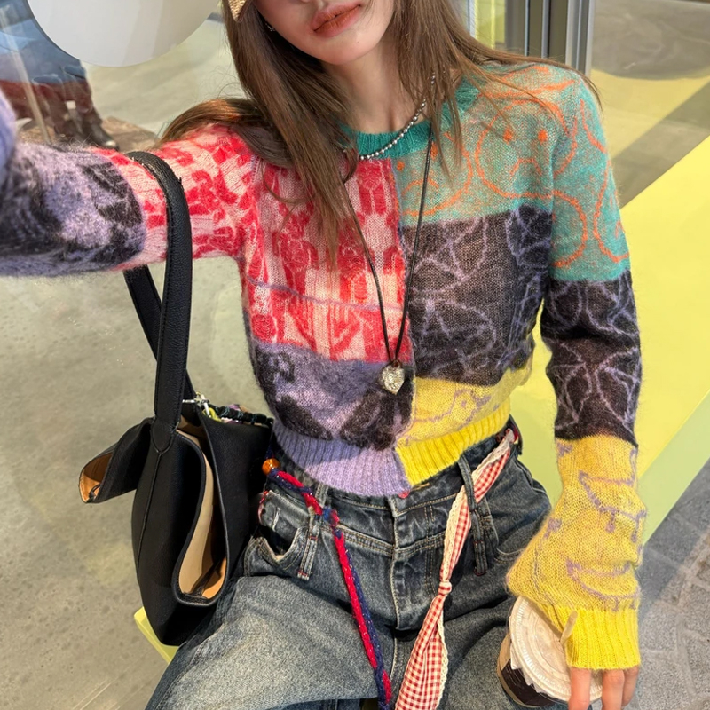 洋气衣服女装网红款小众设计感彩绘拼接撞色毛衣长袖套头宽松上衣