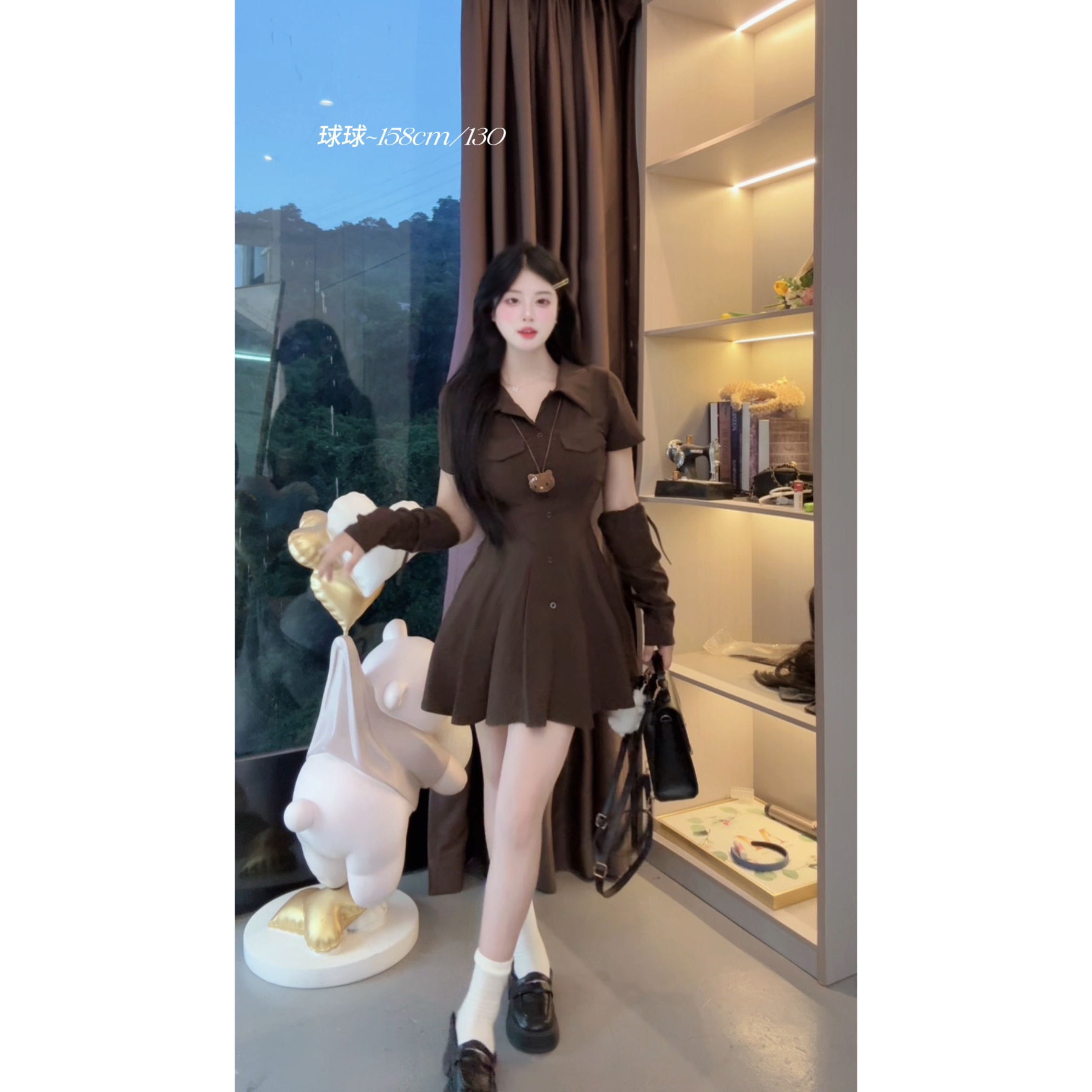 【摩卡学姐】10173 胖mm早秋学院风polo领净版百褶裙摆连衣裙搭袖套