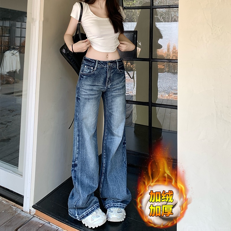 美式复古阔腿牛仔裤女秋冬加绒新款宽松不贴腿直显瘦筒微喇拖地裤