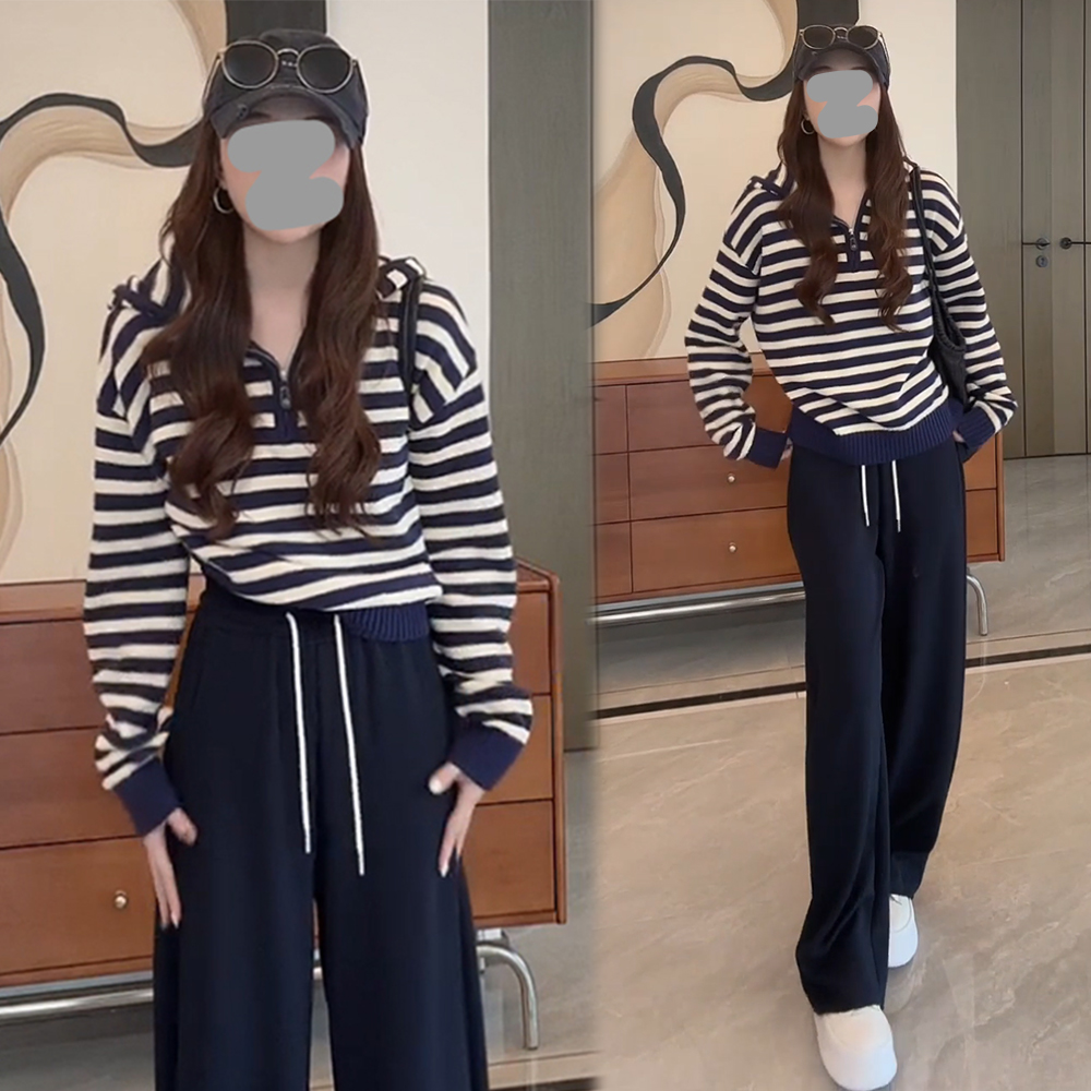 小众炸街高级感套装女2025春秋新款条纹连帽针织长袖休闲裤两件套