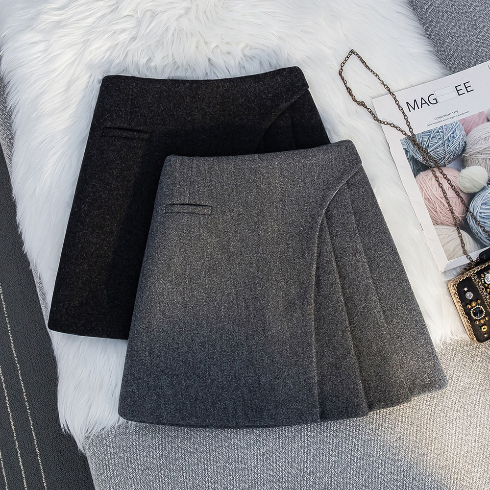 灰色高级感毛呢设计感A字半身裙女冬新款高腰不规则百褶包臀短裙