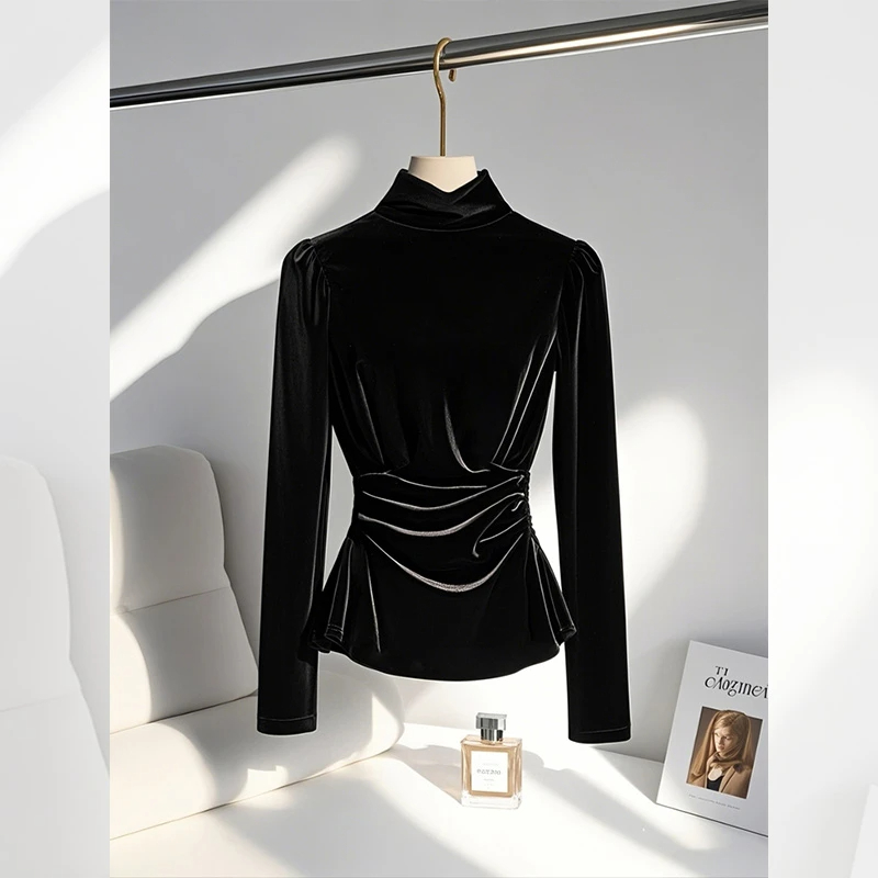 洋气法式气质赫本风独特超好看内搭衬衫轻奢感黑色丝绒打底女冬季