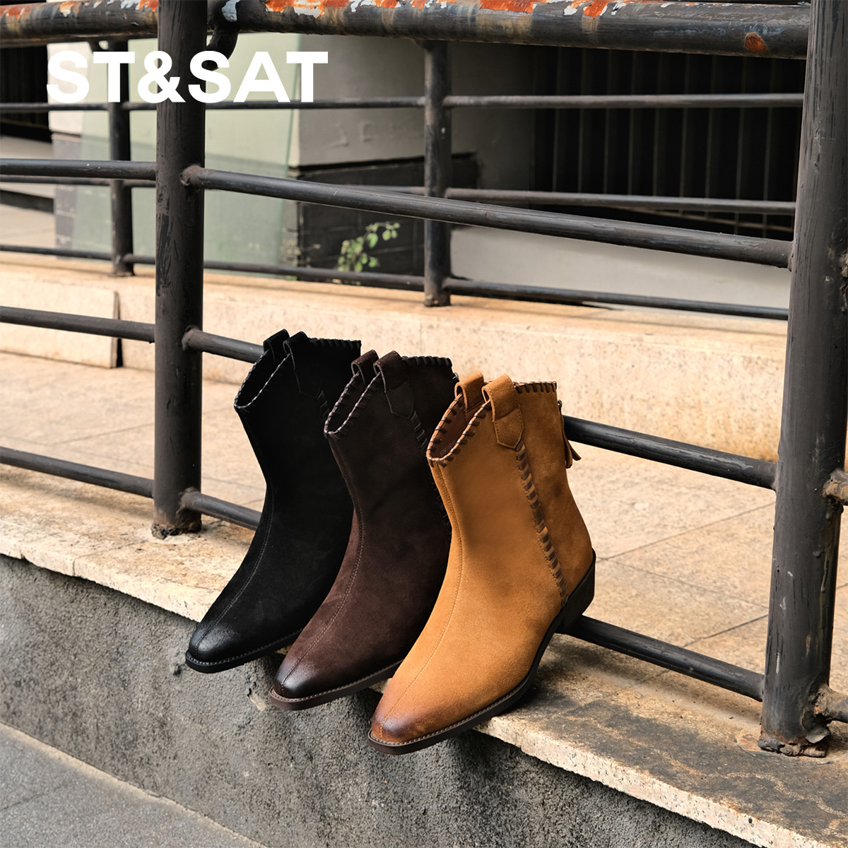 星期六中筒法式尖头秋季新款美拉德小众百搭子鞋子复古西部牛仔靴