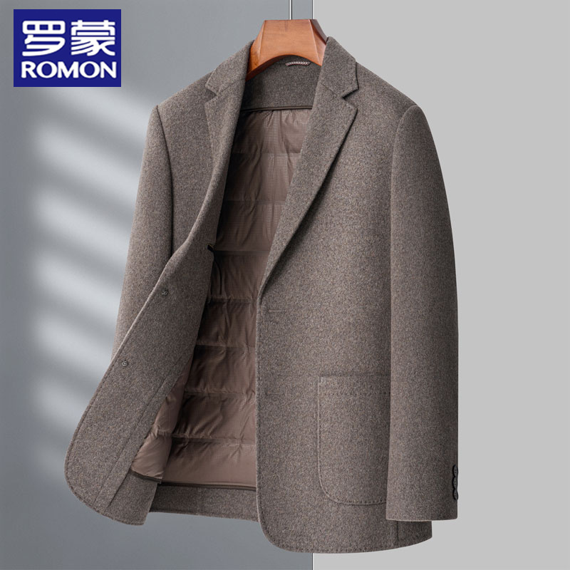 罗蒙冬季新款男士商务休闲西装领毛呢大衣可拆卸鸭绒内胆保暖外套