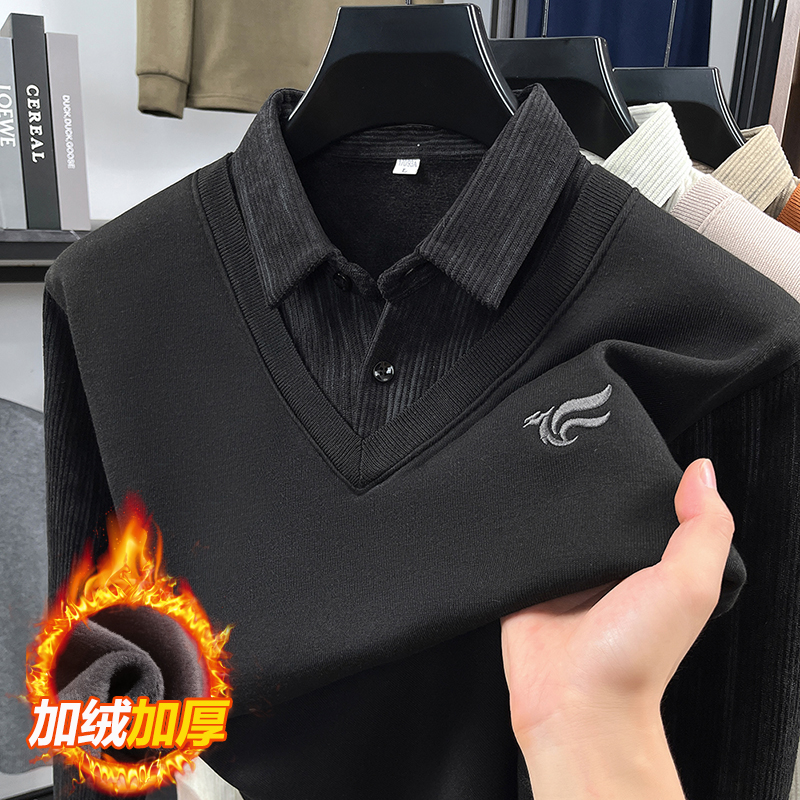 【现货现发】男式休闲加厚百搭假两件保暖秋冬季加绒针织衫L-48
