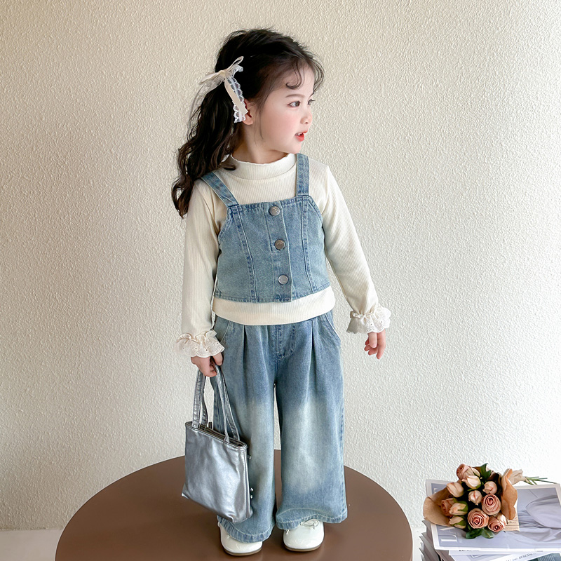 女童牛仔套装春秋款2025新款洋气时髦女宝宝儿童时尚阔腿裤三件套