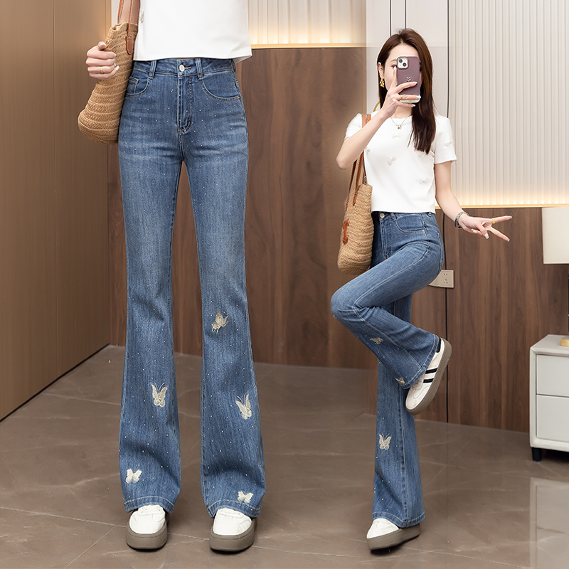 烫钻绣花微喇牛仔裤女春秋薄款2025高腰垂感显瘦时尚马蹄喇叭裤子