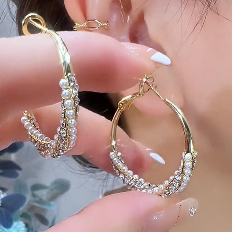 925银耳饰 设计感镶钻金属风圈圈耳环精致新款简约仿珍珠百搭高级