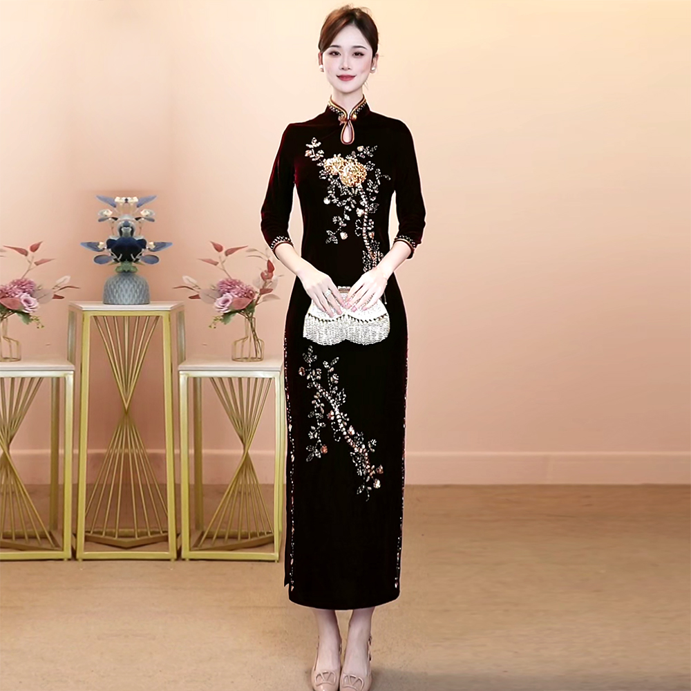妈妈婚宴礼服秋季新款金丝绒旗袍连衣裙中年高贵结婚礼喜婆婆装