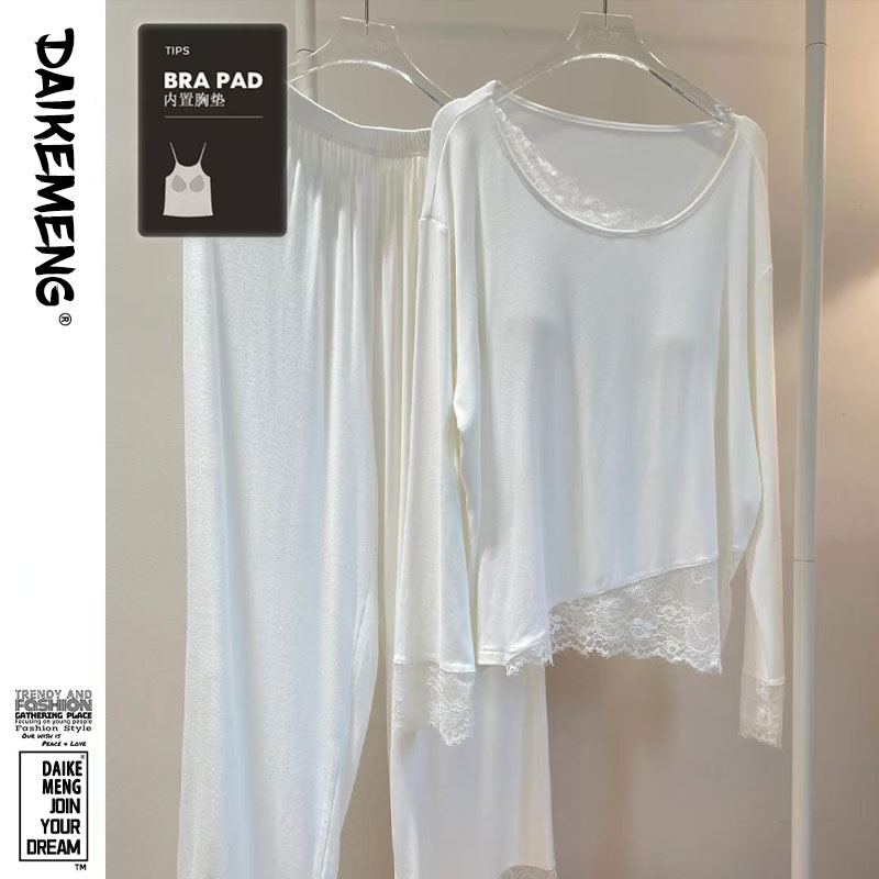 【带胸垫】蕾丝纯欲风睡衣女春秋款舒适莫代尔简约白色长袖长裤套装