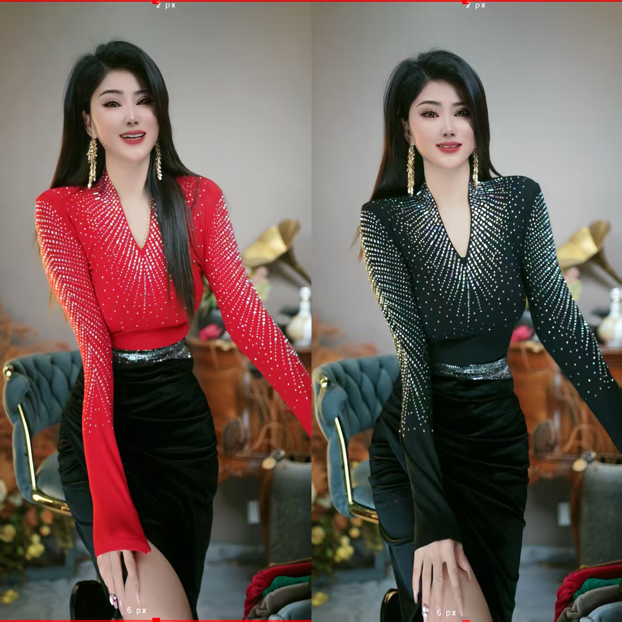 星依1718秋冬气质质感丝绒钻闪亮弹力T恤女百搭时尚显瘦V领上衣潮