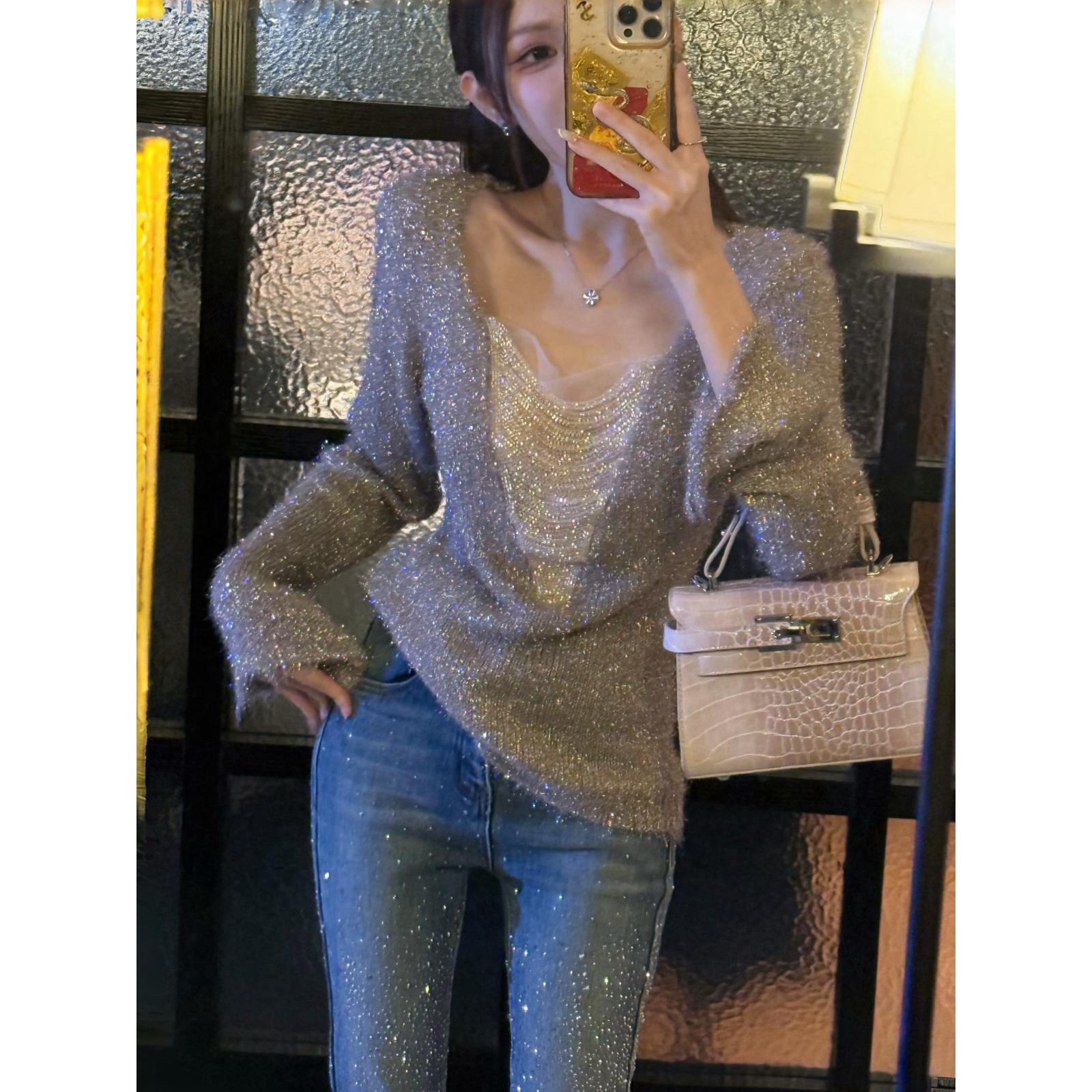 PINK丨“星落”设计感时尚秋冬银线链条针织衫重工细闪纯欲内搭上衣