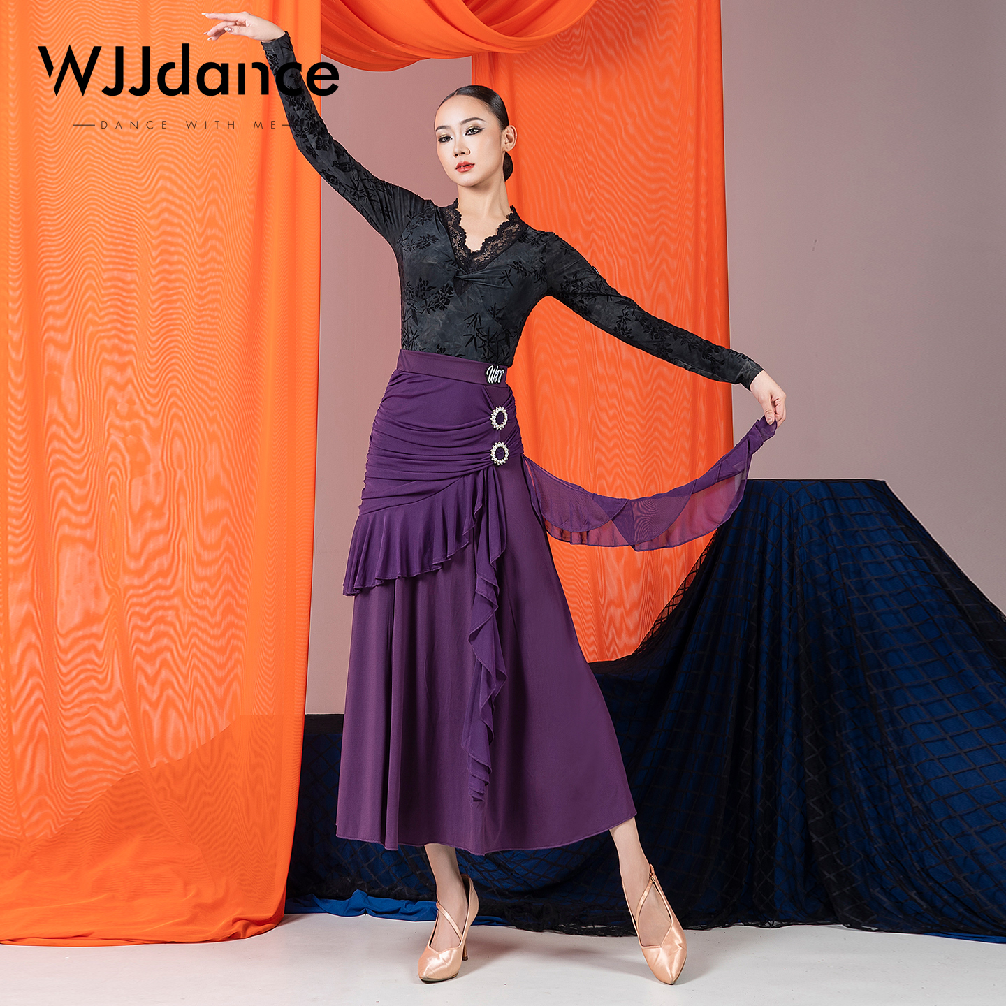 WJJdance国标舞半身长裙女2025新款珍珠钻扣卡褶花摩登交谊大摆裙