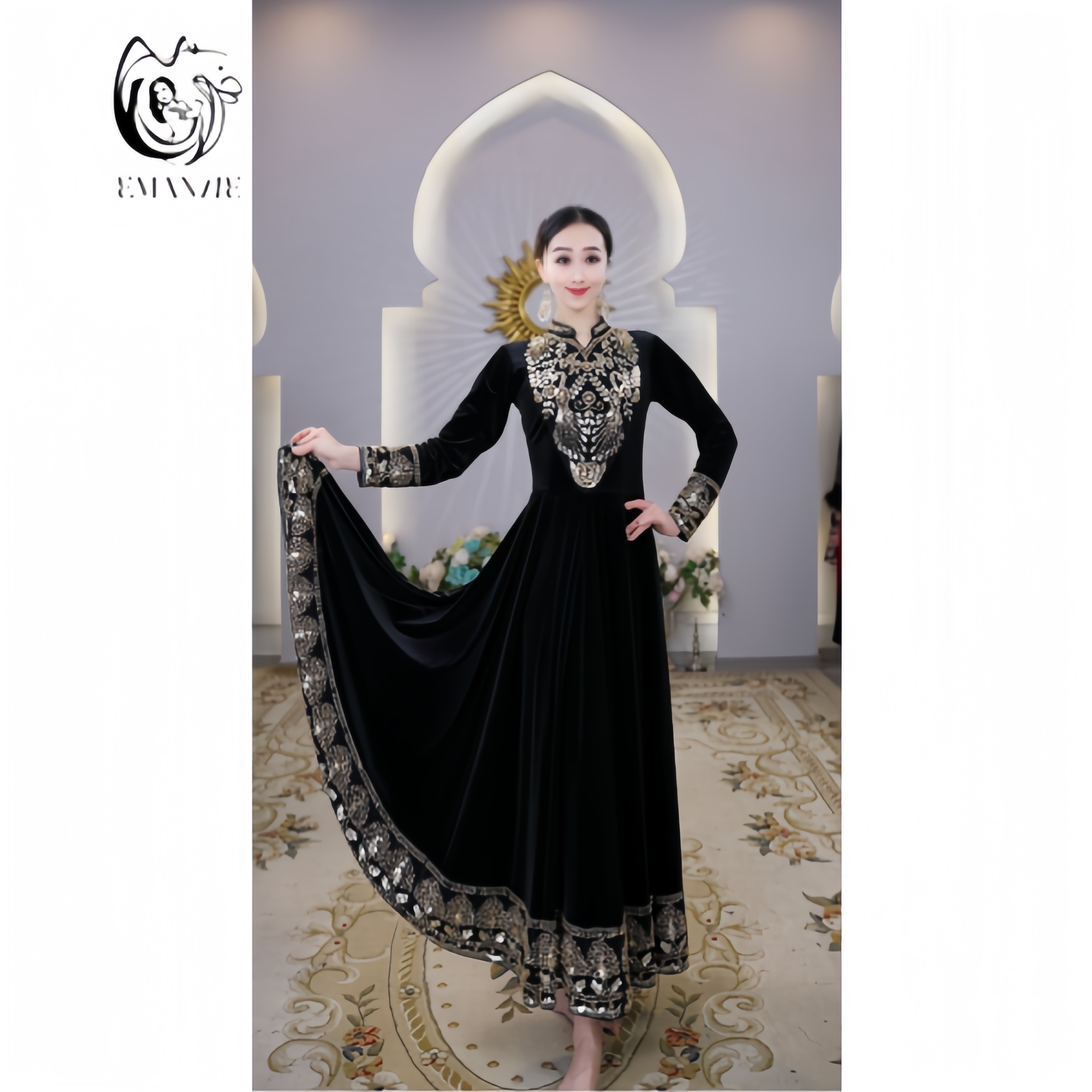 依曼之舞A2693刺绣小摆舞蹈修身百搭新疆舞服连衣裙广场舞