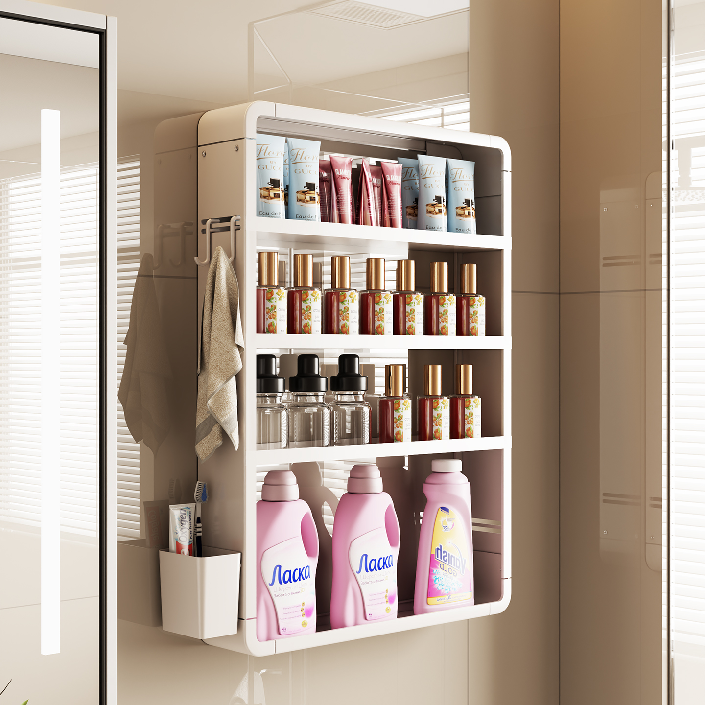 卫生间置物架浴室洗漱可调节壁挂式墙上免打孔化妆品厕所收纳柜子