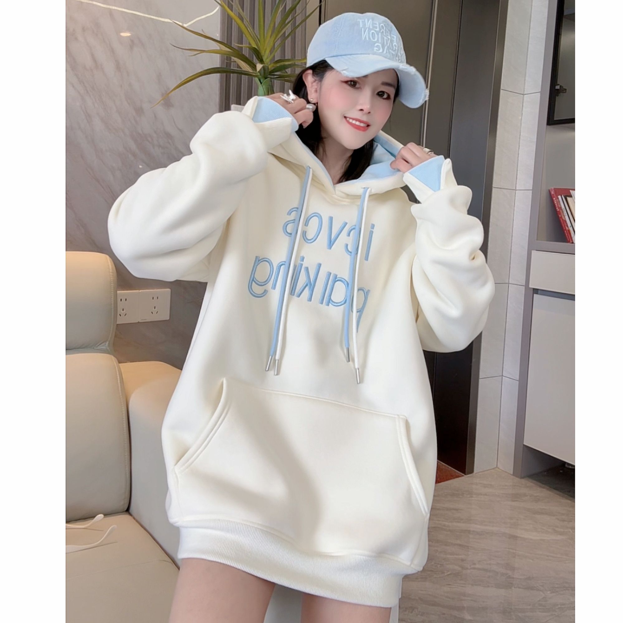 2025秋冬季新款连帽宽松慵懒风套头刺绣字母卫衣设计感帽衫1090