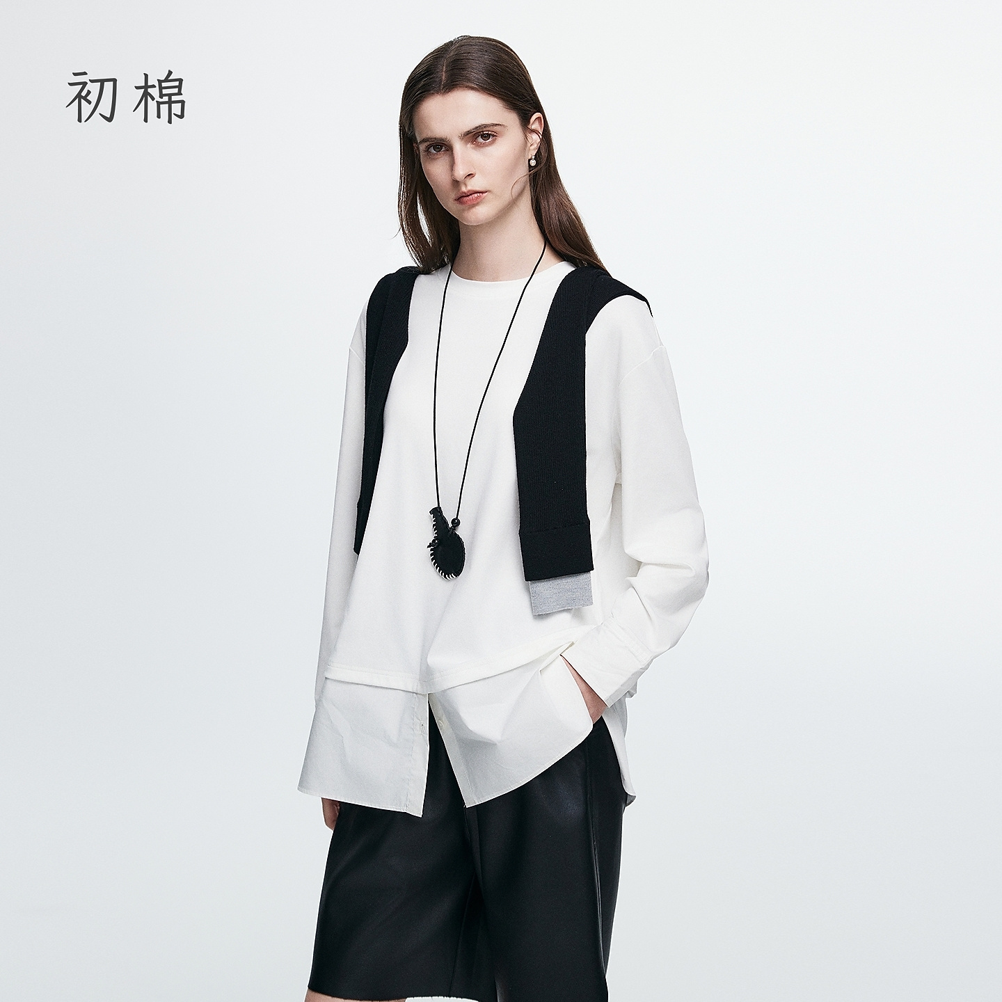 初棉圆领衬衫拼接假两件T恤女 25秋宽松落肩解构上衣366601013