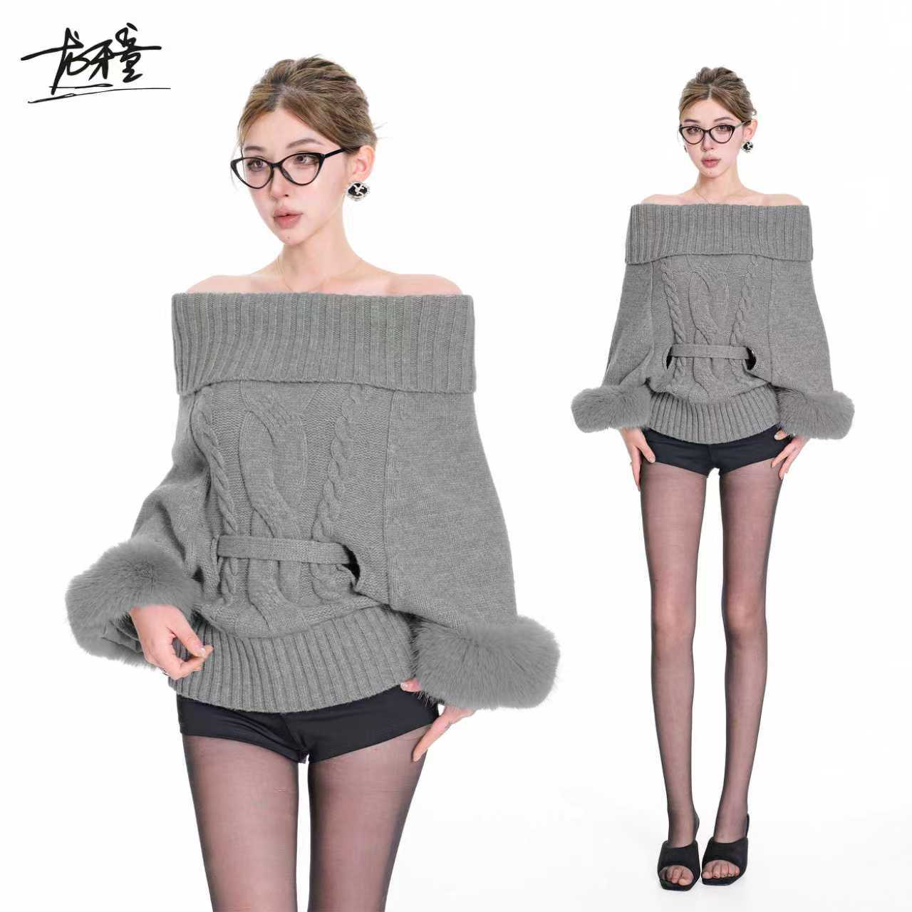 龙牙童推荐【京洛佳人】法式气质一字领露肩长袖毛衣女秋季2025新款