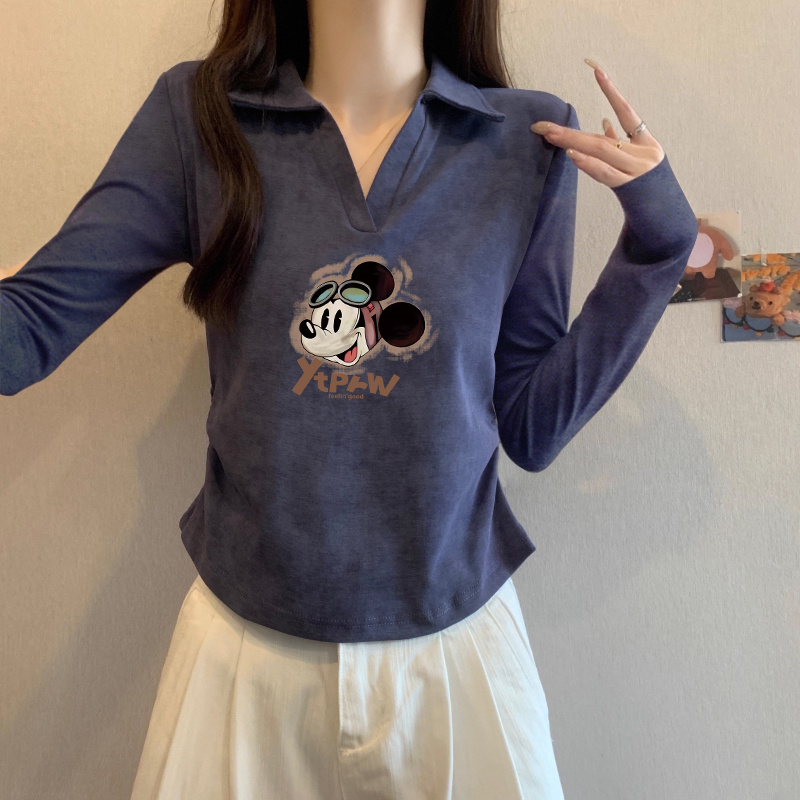 polo领纯棉美式扎染正肩长袖t恤女设计感小众收腰打底衫上衣秋季