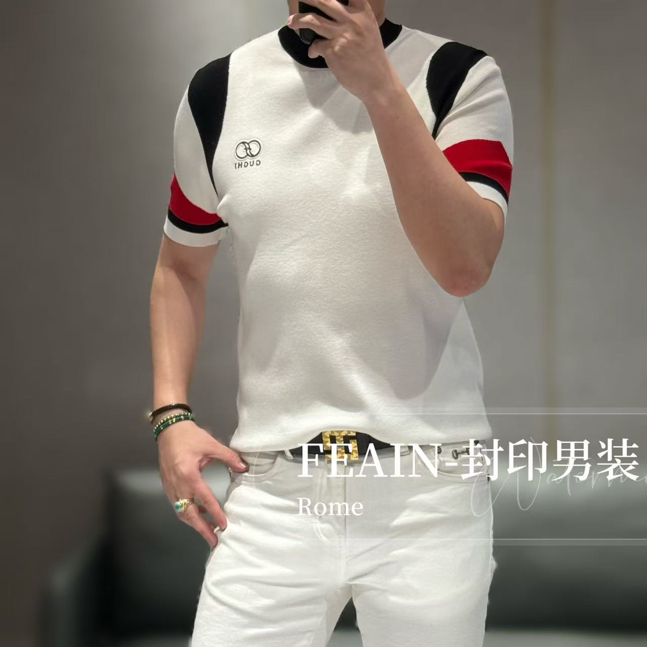 【雷迪凯奇】高端定制美利诺羊毛立体拼色工艺针织短袖503