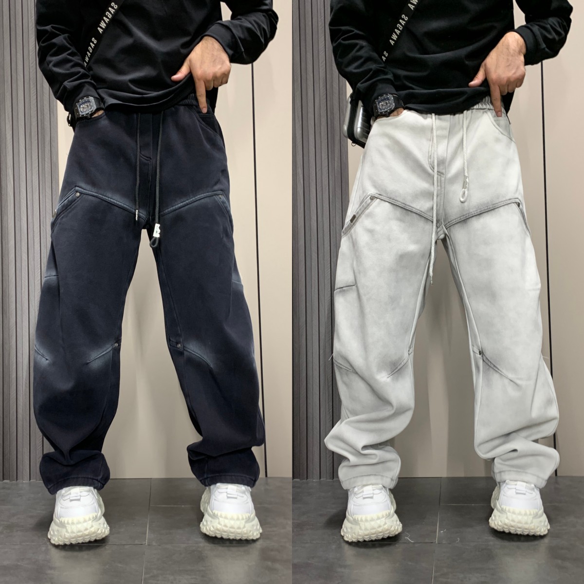 美式加绒高街掐褶工装裤日系做旧秋冬休闲裤男百搭复古宽松直筒裤