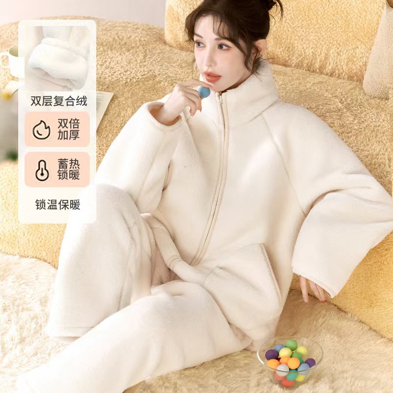 【巨保暖！加厚双层复合绒】法兰绒秋冬季可外穿女士家居服舒适睡衣
