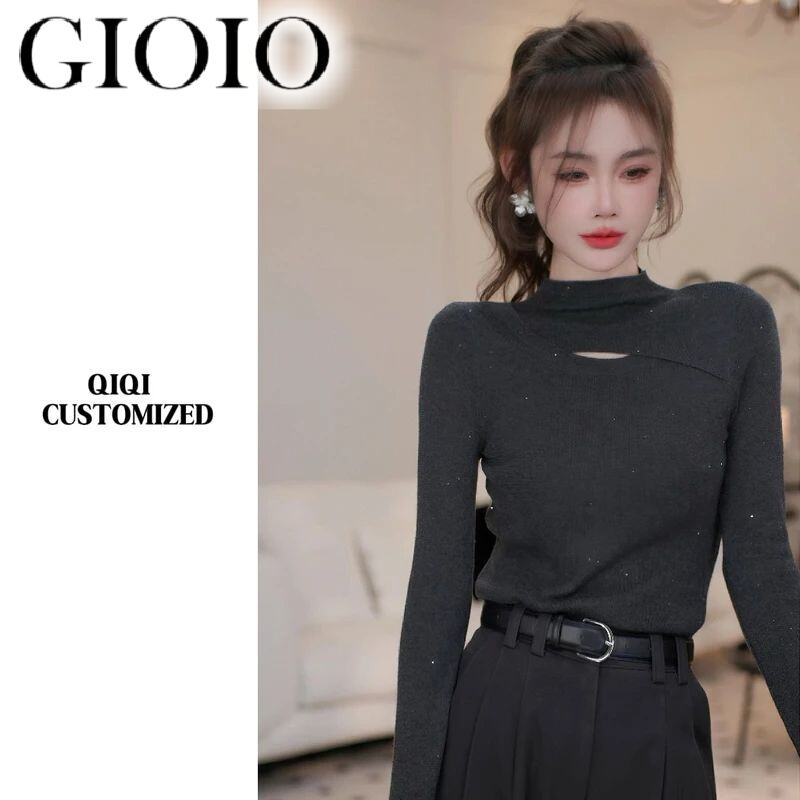 GIOIO设计感戚戚亮闪超弹定制气质打底衫镂空半高领秋冬女高级